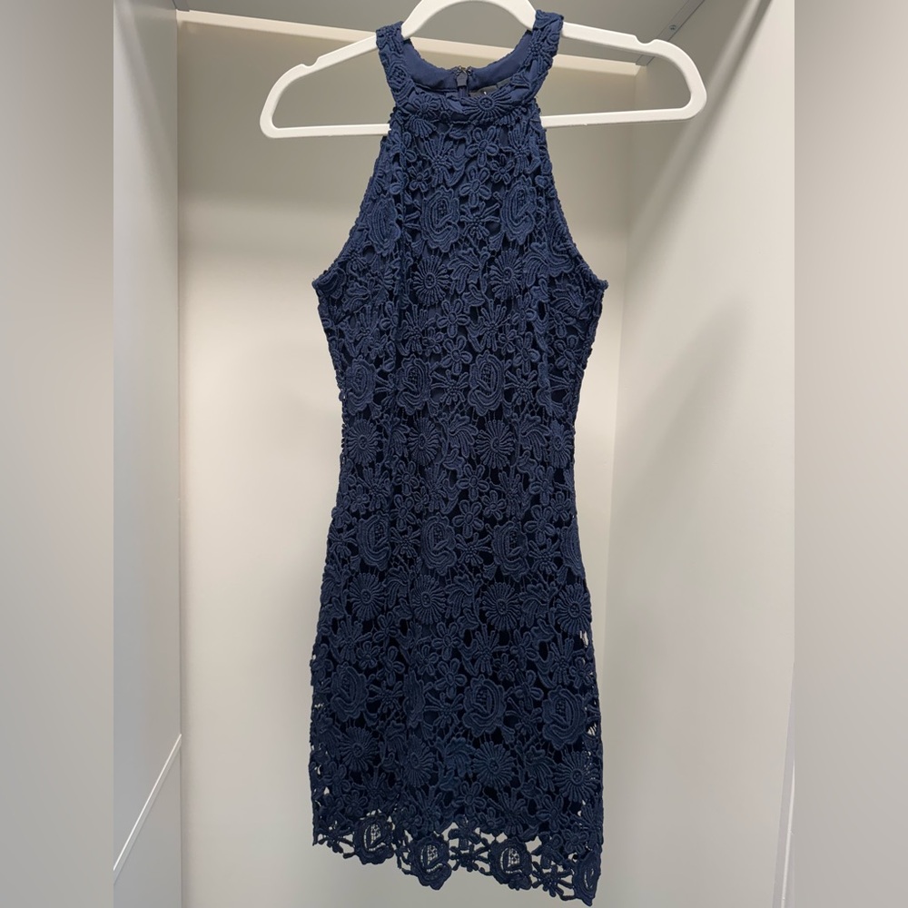 Lulu's Blue Lace Halter Mini Dress for Night Out
